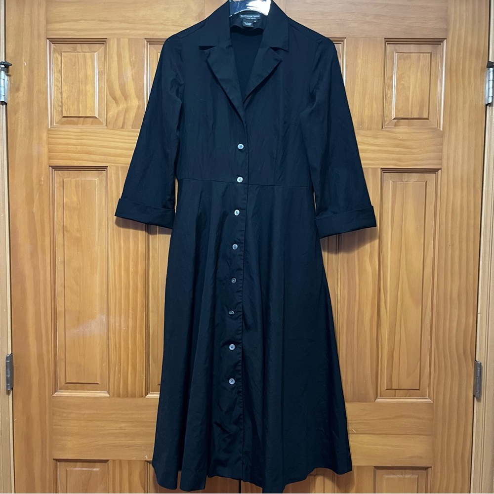 Black Button-Front Shirt Dress with Three-Quarter Sleeves